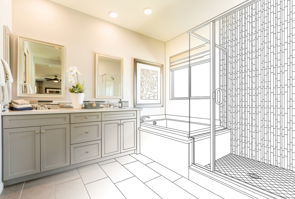 A photo of a bathroom transitioning into a bathroom planning sketch.