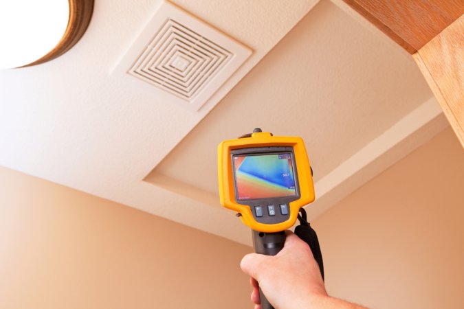 A temperature reader pointing to an attic door