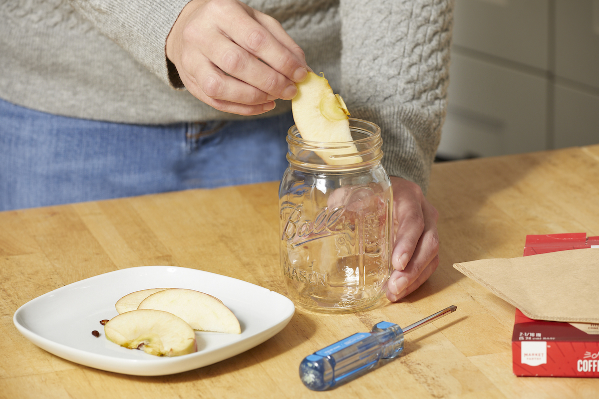 Woman drops apple slices into a mason jar, a plate of apple slices, a screwdriver, and coffee filters nearby.