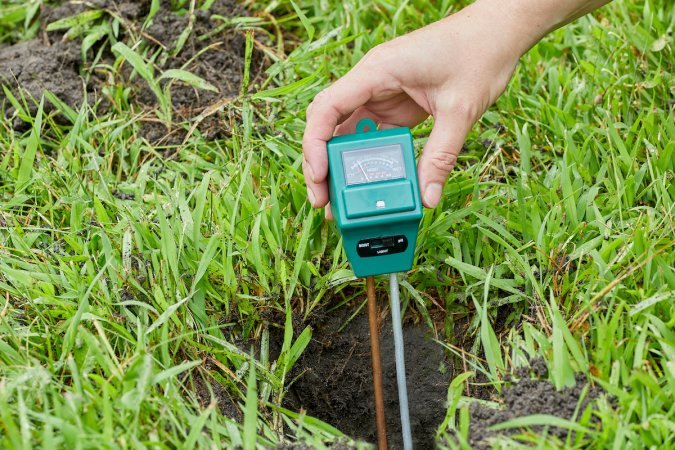 Person inserts a soil test probe into a hole in a grassy yard.