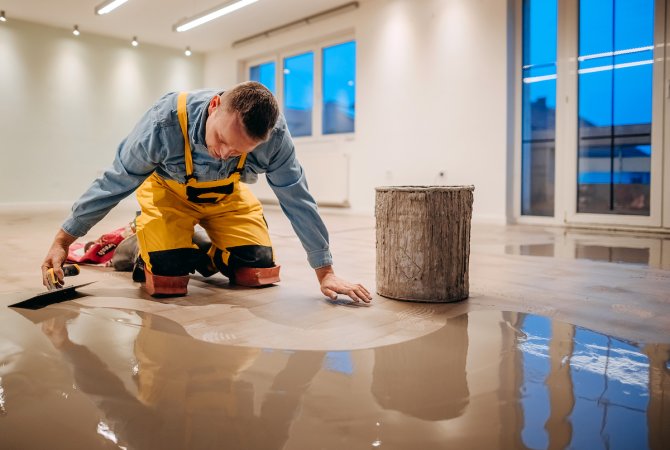 Worker wearing yellow overalls uses a trowel to spread concrete floor leveler on floor surface.