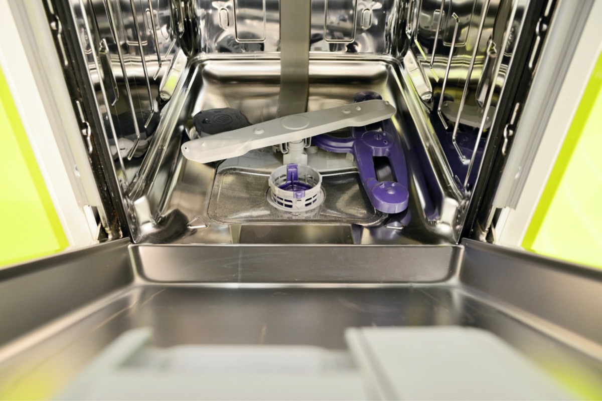 An empty, clean interior view of a dishwasher.