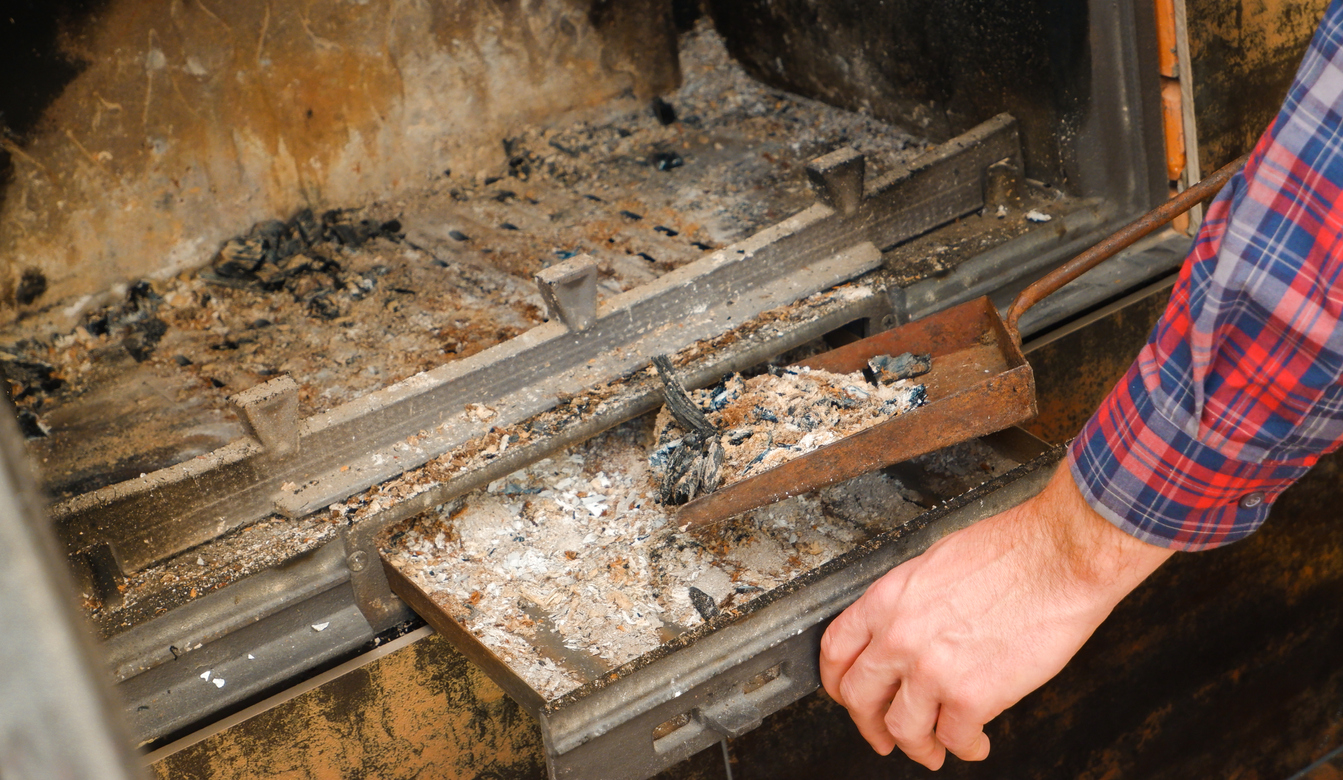 Ash removal from the fireplace. A man's hand in a plaid shirt holds a shovel with ash from the fireplace.