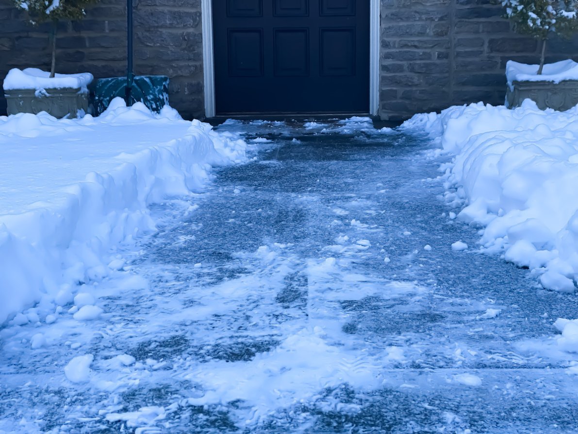 View of shoveled driveway covered with ice leading to a garage door.