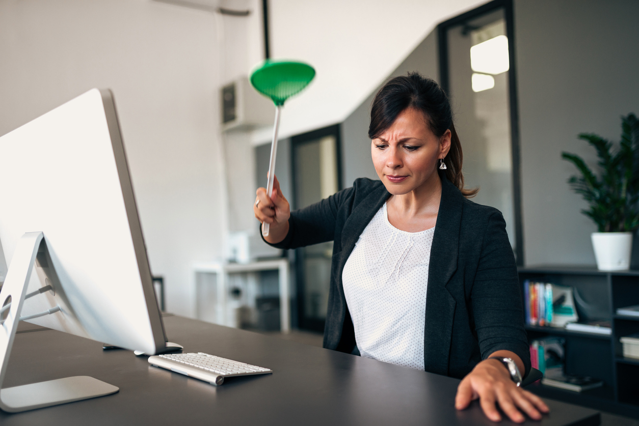 Determined businesswoman with a flyswatter.