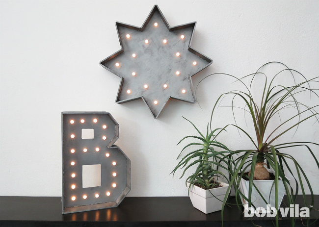 The DIY marquee lights are ready to display on a shelf or wall.