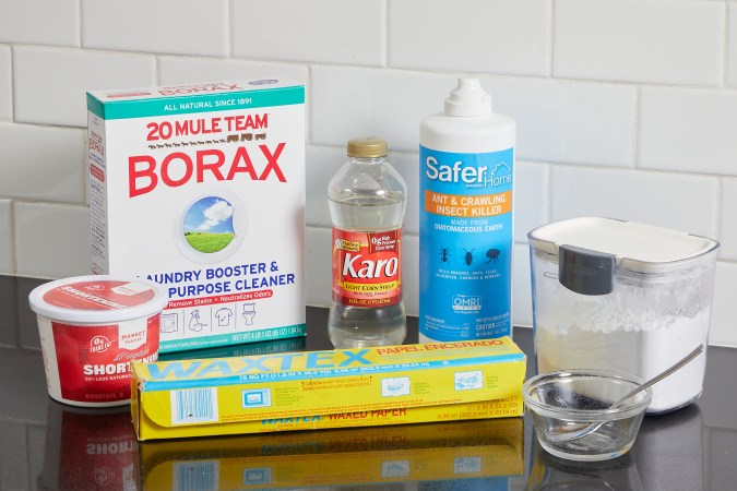 Materials needed to make three different kinds of ant traps, including borax, shortening, and wax paper.