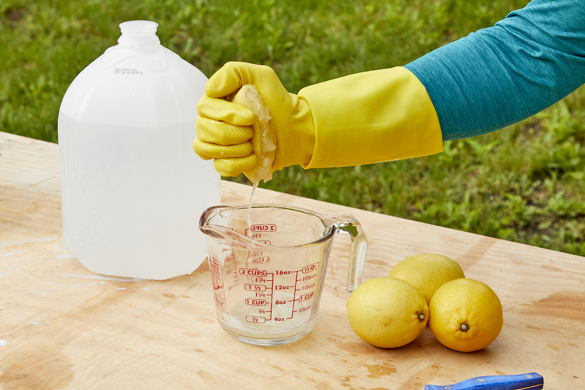 Woman juices lemons into a glass measuring cup with more lemons and a plastic jug nearby.