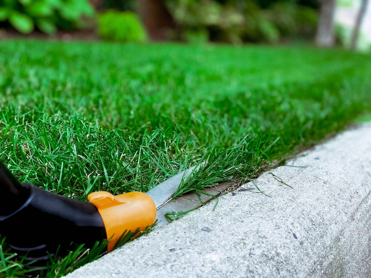 Using grass shears to clip the edge of a lawn.