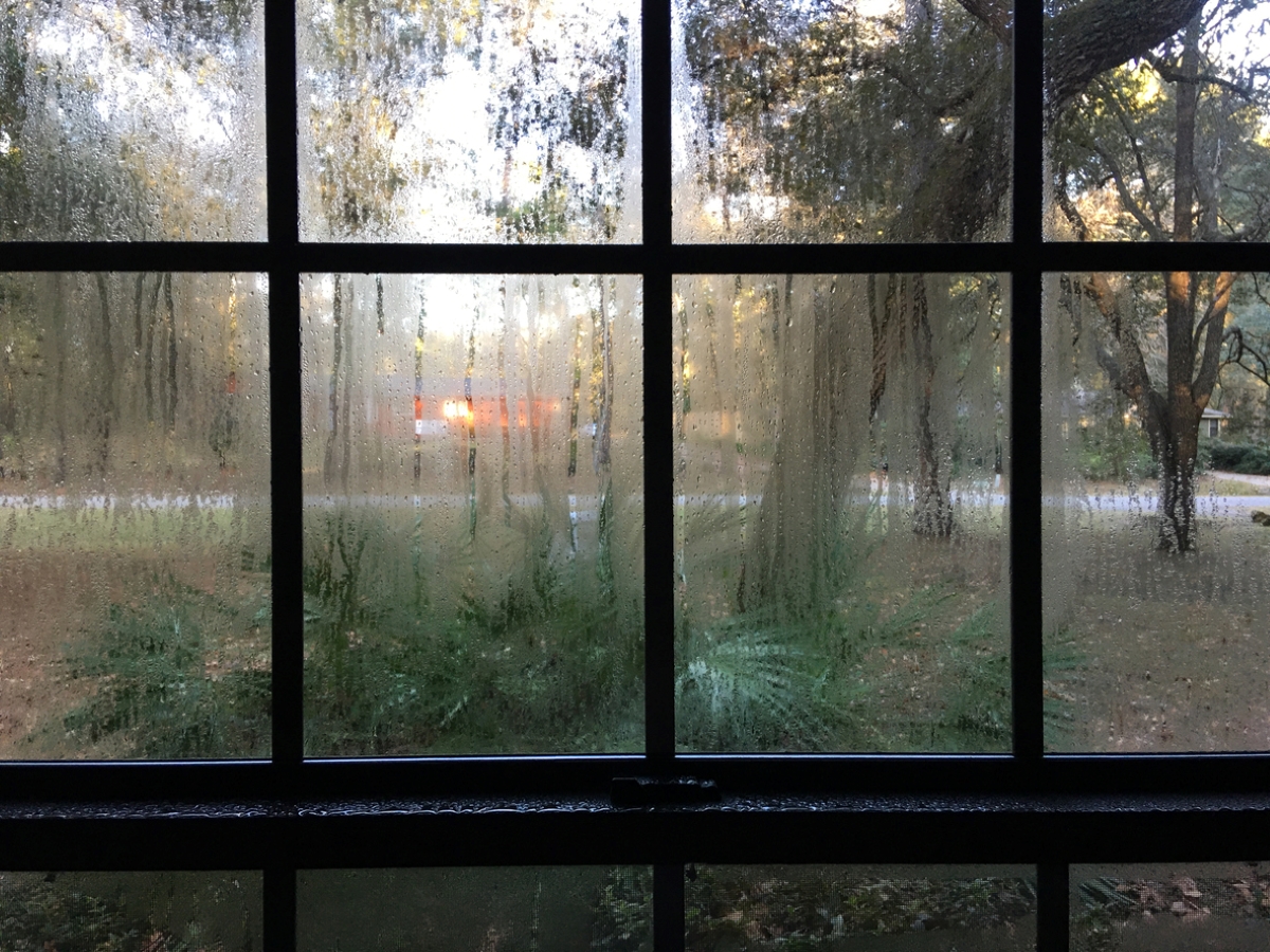 Condensation on large window in home.