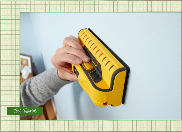 A DIYer using a stud finder to find studs in a wall with a graphic overlay that says Tool Tutorial.