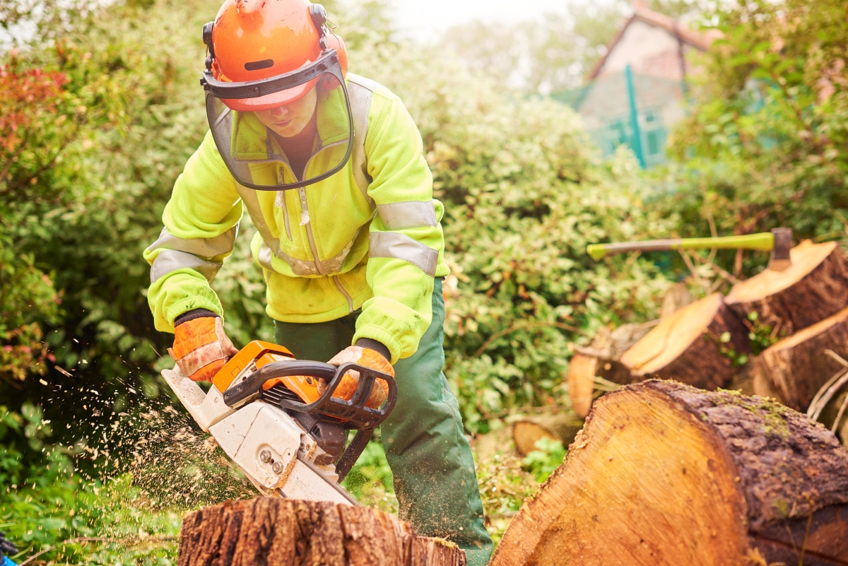 A person using a chainsaw in protective gear.