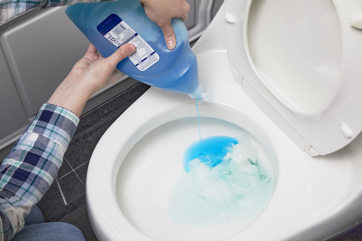 Woman squirts dish soap into the bowl of a toilet. 