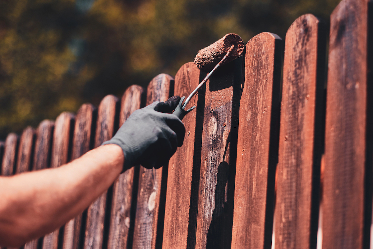 A person wearing rubber gloves is using a paint roller to stain a wooden fence.