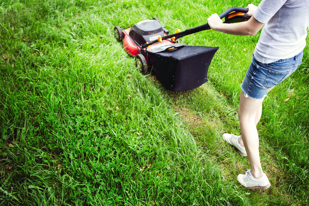 A low-angle view of a young woman mowing the lawn with a mower, the grass glowing a vibrant green. Horizontal with copy space.