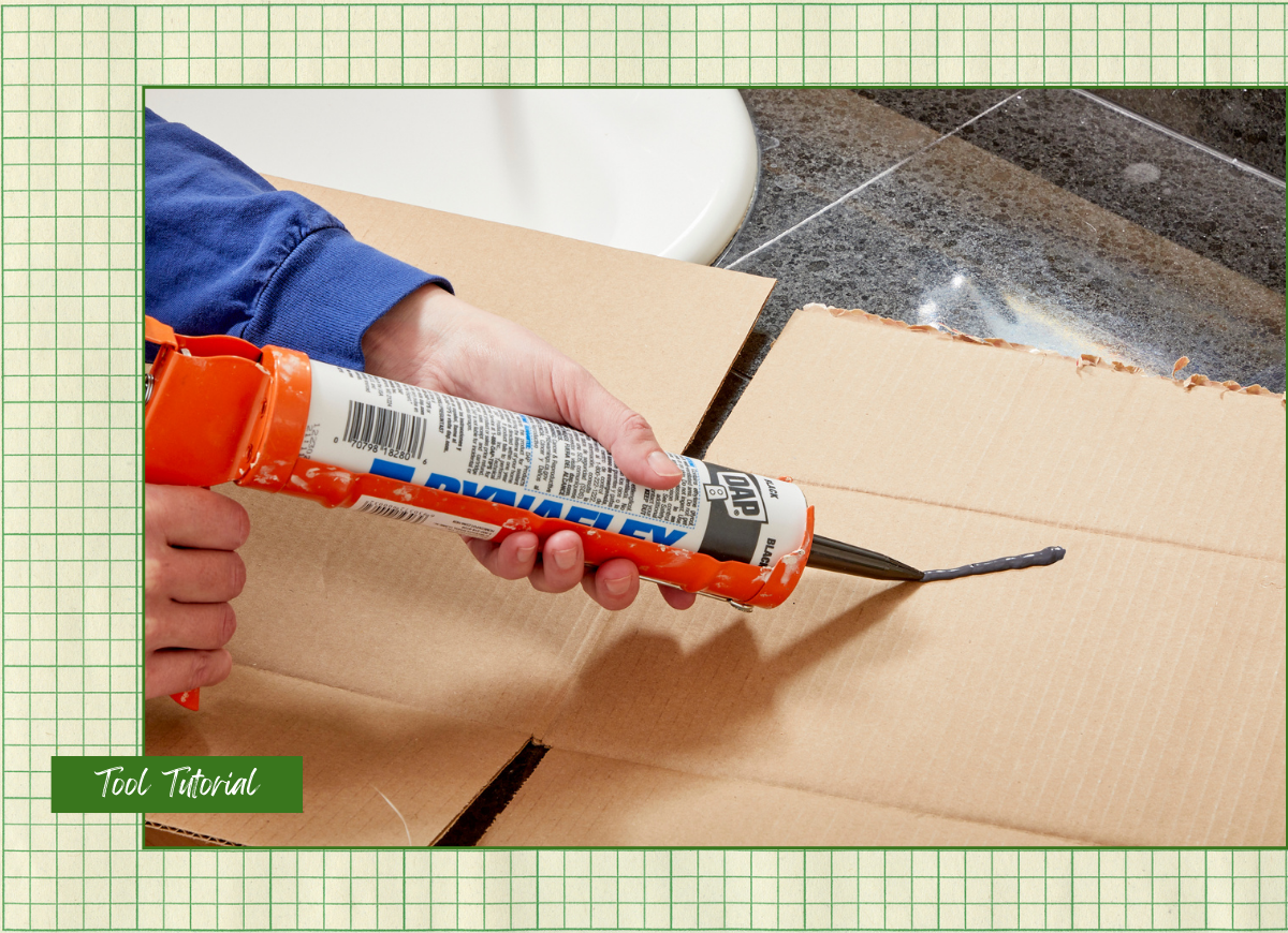 A DIYer using a caulking gun to seal bathroom fixtures with a graphic overlay that says Tool Tutorial.