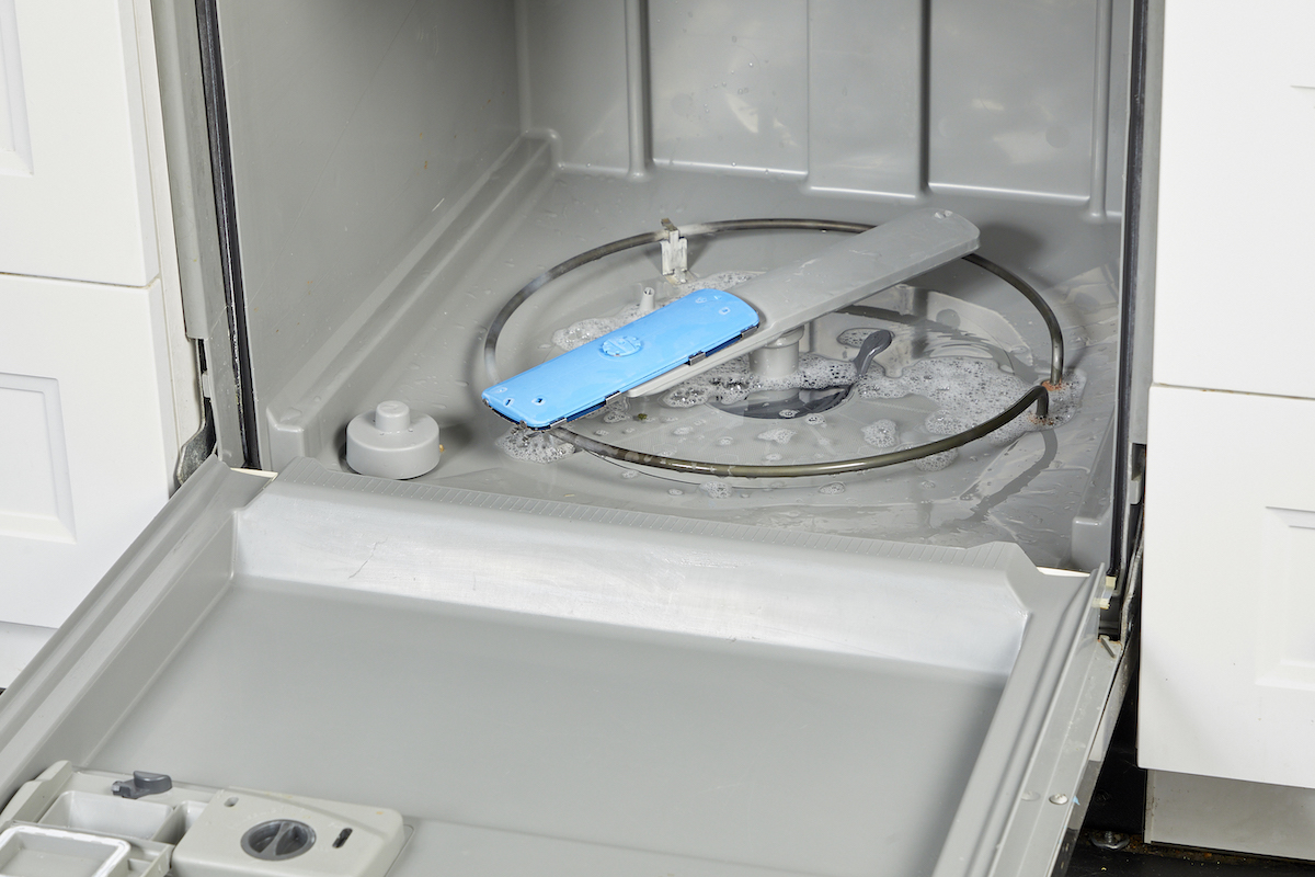 An open dishwasher, with water filling the bottom of the appliance.