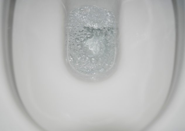 The water in a white toilet bubbling.