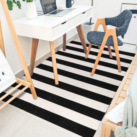  Seavish Black and White Striped Indoor/Outdoor Rug under desk and chair