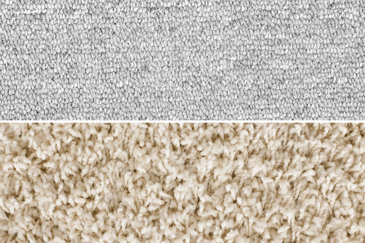 A close-up of grey synthetic carpet material is above a close-up of beige wool carpet material.