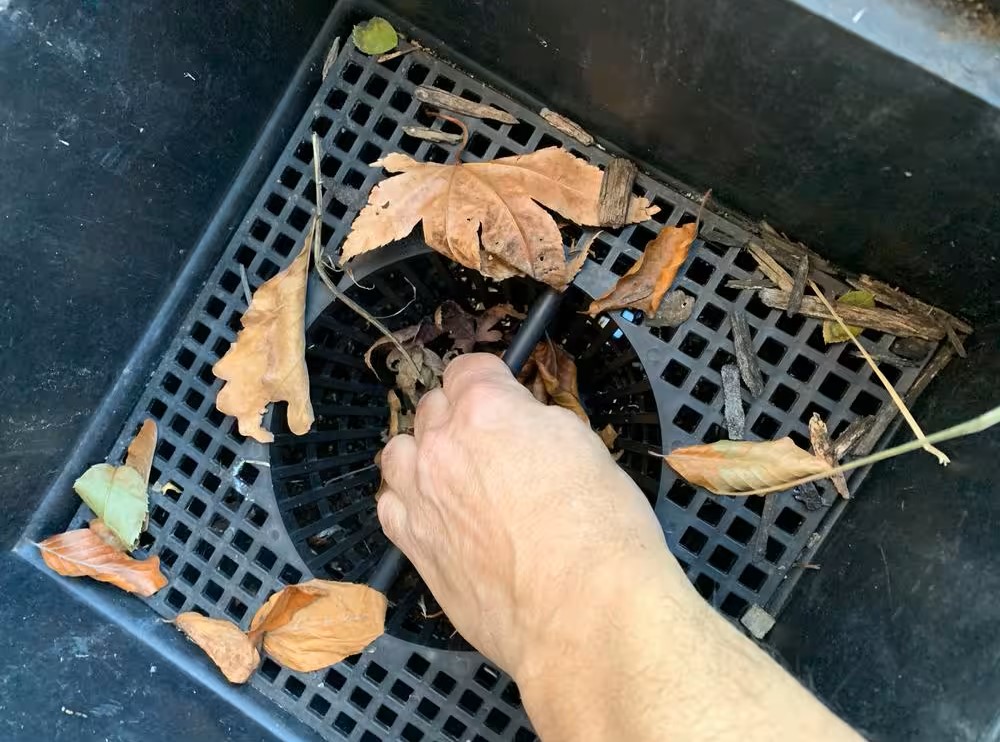 A hand is cleaning the catch basin full of leaves.