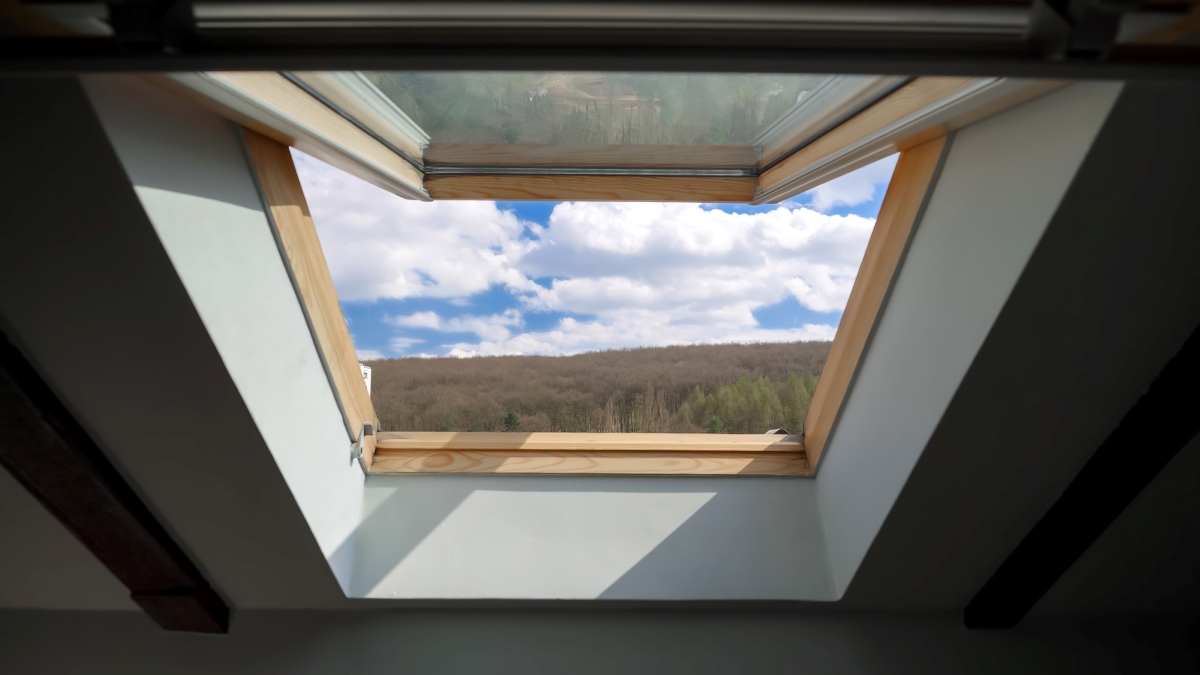 A view of the clouds and forest from inside the home through the skylight.