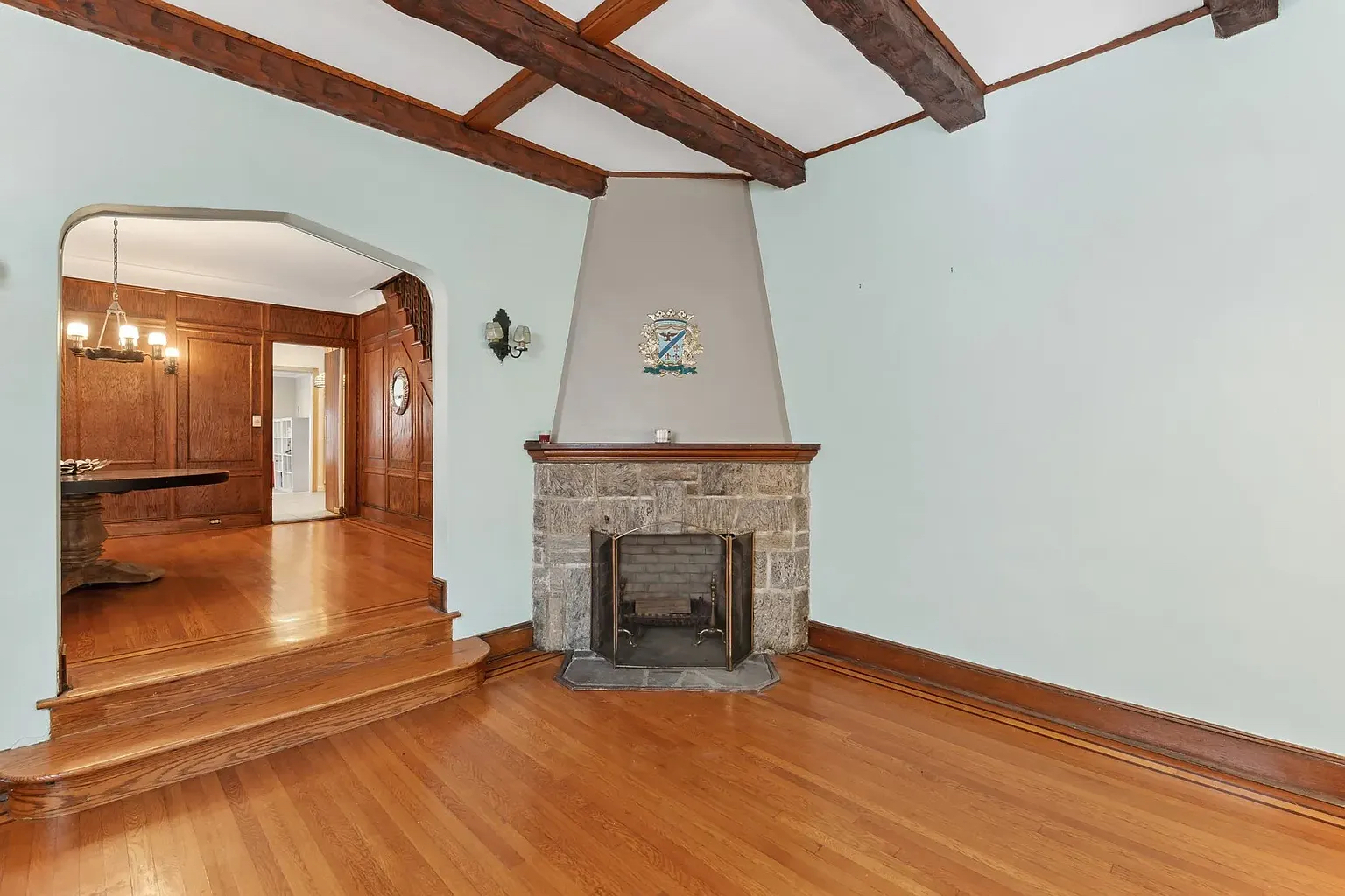 tudor style house exposed bean fireplace