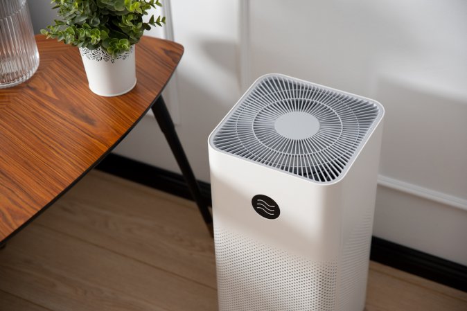 A portable air purifier in the living room