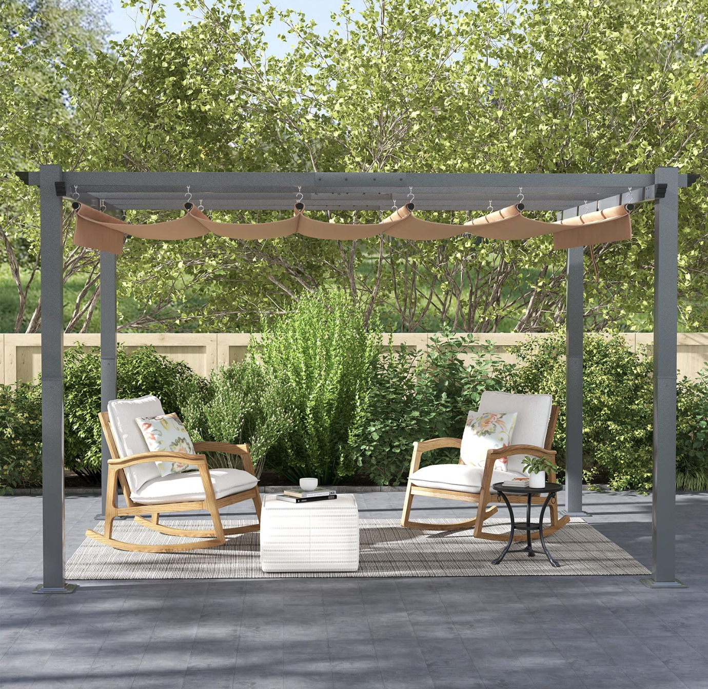 Metal pergola with a cocoa-colored canopy, with patio furniture underneath.