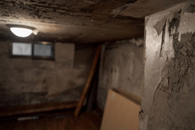 A view through the doorway of a very old, musty basement with peeling walls.