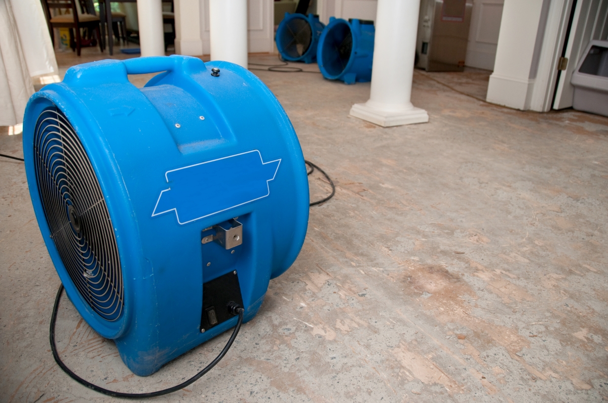 A large blue dryer floor fan used in wet basement floor.