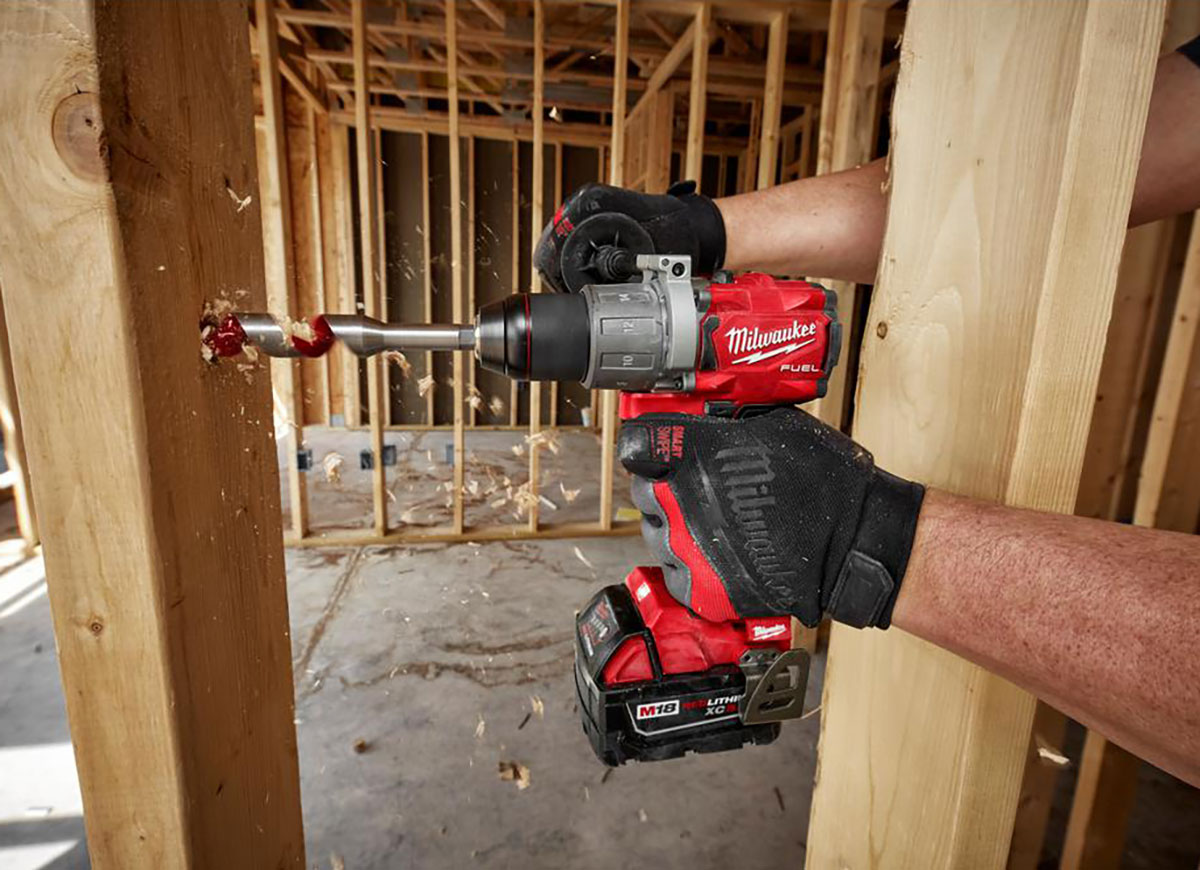 milwaukee hammer drill drilling through stud