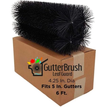  A roll of GutterBrush 5-Inch Gutter Guard 6-Foot Trial Pack sitting on a cardboard box on a white background.