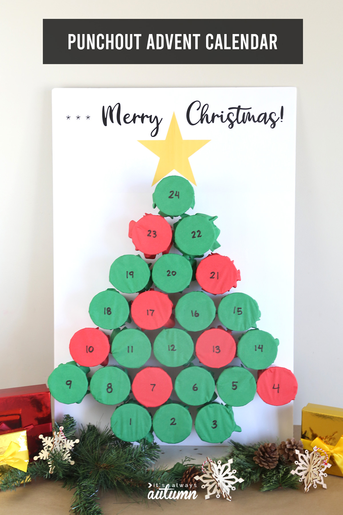 Christmas tree advent calendar made of stacked cups covered with tissue paper.