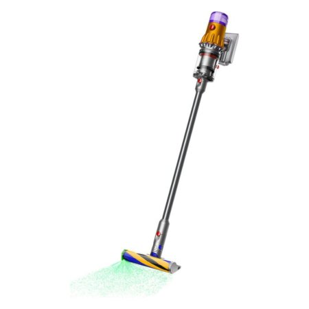  The Dyson V12 Detect Slim Cordless Vacuum and a green glowing LED headlight illustration on a white background.