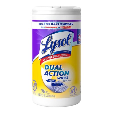  A canister of Lysol Dual Action Disinfecting Wipes on a white background.