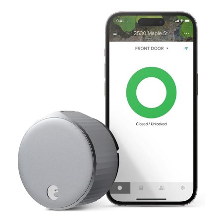  The August Wi-Fi Smart Lock on a white background next to a phone showing its app.