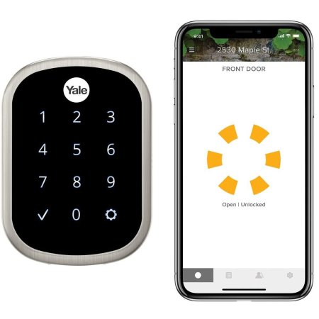  The Yale Assure Lock SL With Wi-Fi and Bluetooth on a white background next to a phone showing its app.