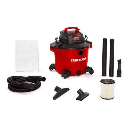  Craftsman 16-Gallon wet/dry vacuum with its attachments on a white background