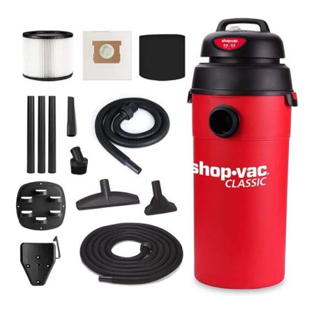  Shop-Vac wet/dry vacuum with its attachments on a white background