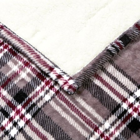  The Beautyrest Heated Snuggle Wrap Electric Blanket with its plaid side up and one corner folded over to show its soft white underside.