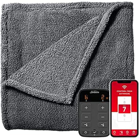  The Sunbeam LoftTec Wi-Fi Connected Heated Blanket folded next to its controls and a phone showing the Sunbeam app.