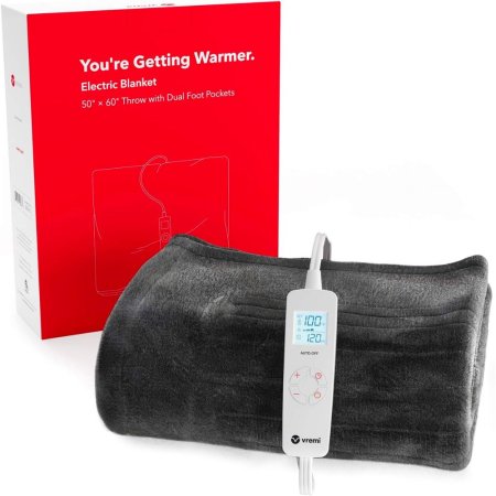  The Vremi Electric Throw Blanket With Dual Foot Pockets, its controls, and its packaging on a white background.