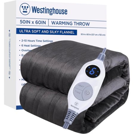  The Westinghouse Electric Heated Flannel Throw Blanket, its controls, and its packaging on a white background.