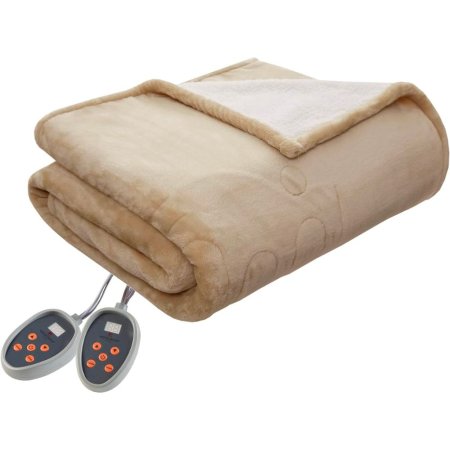  The Best Woolrich Heated Plush to Berber Electric Blanket folded and sitting next to its controls on a white background.