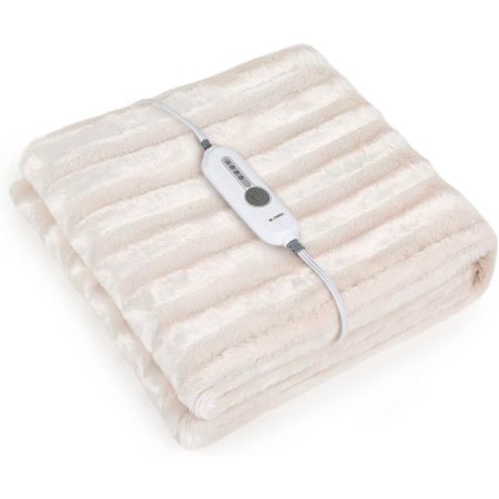  The Woomer Faux Fur Electric Heated Throw Blanket neatly folded on a white background with its controller on top.