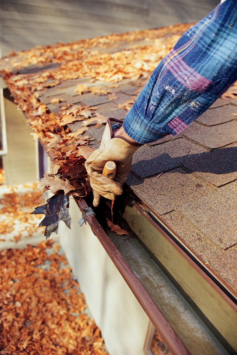 A hand of a person cleaning leaves from the gutter.