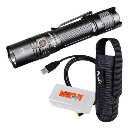  The Fenix PD35 V3.0 Everyday Carry Flashlight, its case, and charging cord on a white background.