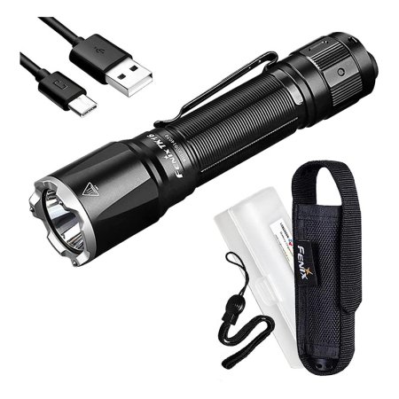  The Fenix TK16 V2.0 3100 Lumen Tactical Flashlight, its case, and a charging cord on a white background.