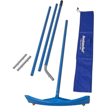  All the pieces of the Avalanche! Big Rig Rake and its storage bag on a white background.